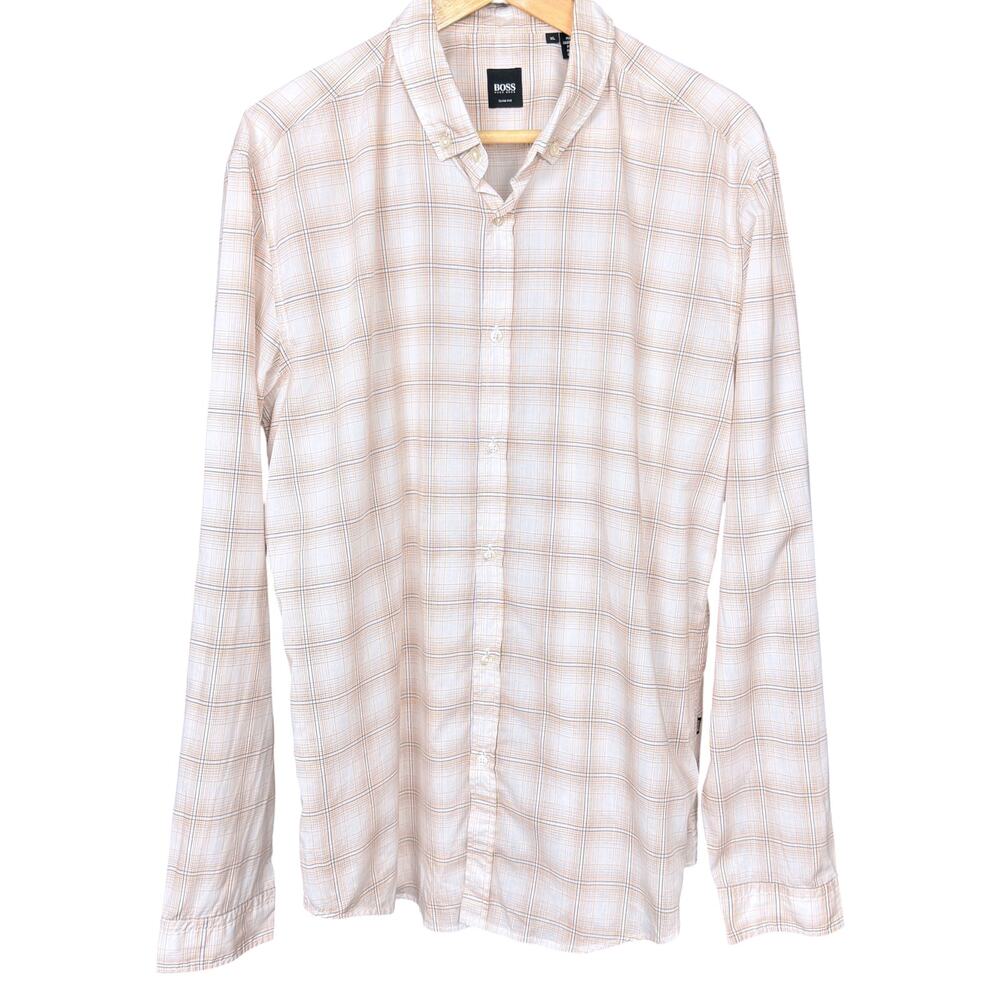 Hugo Boss Slim Fit Button Down Shirt Mens XL White Gray Orange Plaid Preppy Work
